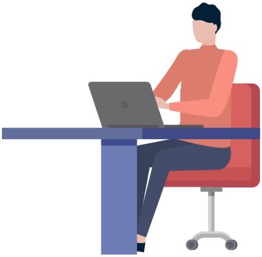 Ofis çalışanı, masadaki dizüstü bilgisayarlı erkek karakter. Ofiste çalışan işadamı ya da tezgahtar