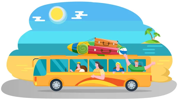 Os amigos vêm de transportes públicos na costa perto do mar. Ônibus viajante no fundo da praia — Vetor de Stock