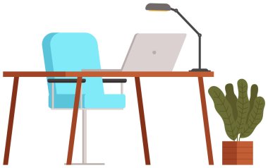 Modern işyeri düz tasarımı. Ofis koltuğu ve ofis masası. İçi rahat oda kitaplarıyla dolu.