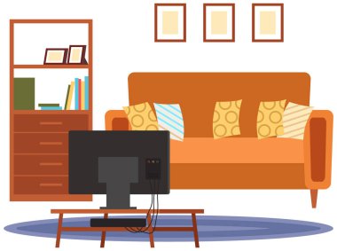 Düz dizayn iç tasarım. Dairedeki mobilyaların planlanması ve düzenlenmesi. Oturma odası. Ev hayatı. Biçim evi