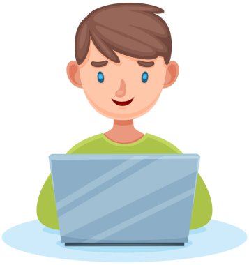 Çocuk dizüstü bilgisayarla oturmuş beyaz arka planda internet sunuyor, klavyeye yazıyor, mesaj yazıyor.