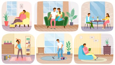 Günlük rutin hakkında bir dizi çizim. İnsanlar evde vakit geçirir, spor yapar, temizlik yapar.