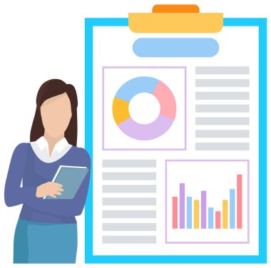 Kadın ofis çalışanı sunumdaki göstergeleri grafiklerle analiz ediyor, mali beyanname sunuyor