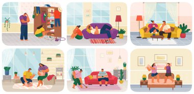 Genç çiftlerin hayatı, günlük ev işlerinden bir dizi sahne. İnsan aktivitesi, günlük rutin