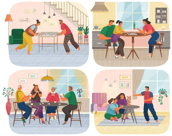 一套关于在公寓里玩棋盘游戏的家庭的图解。家庭活动和娱乐 — 图库矢量图片