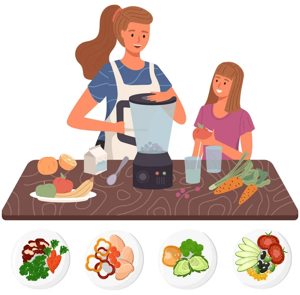 Gente cocinando comidas vegetarianas. Nutrición adecuada, estilo de vida saludable y vegetarianismo — Archivo Imágenes Vectoriales