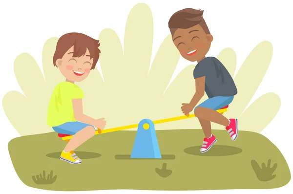 Children are sitting on seesaw in park. Friends have fun and spend time together on playground — Stock Vector