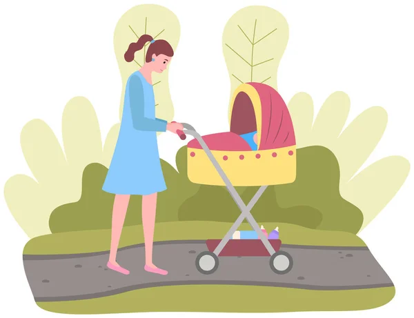 Female character in dress walks through park with baby stroller. Mother taking care about her child — Stock Vector