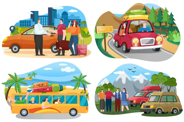 Set di illustrazioni sul tema del viaggio in auto in tutto il mondo. Gli amici vengono in camion alla foresta — Vettoriale Stock