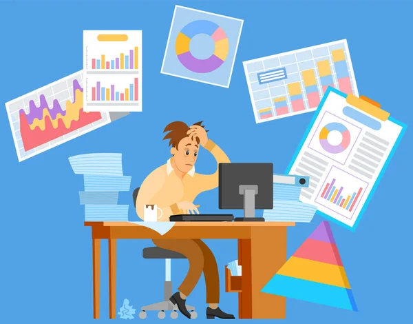 Male employee performs statistical calculations to deal with deadlines. Man working with computer — Stock Vector