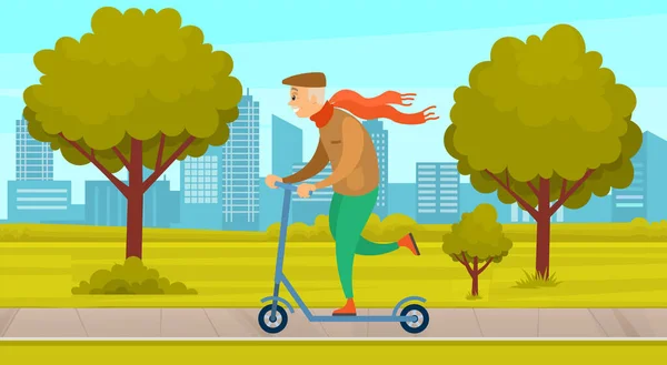 Hombre mayor montando patinete scooter en el parque. Abuelo a pie, pensionista activo pasa tiempo al aire libre — Vector de stock