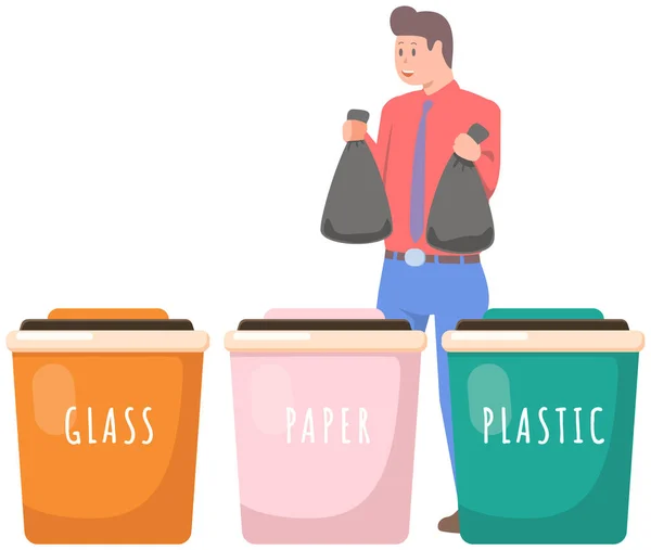 Osoba třídí odpad k recyklaci. Muž dává odpadky do plastu, skla, papírových kontejnerů — Stockový vektor