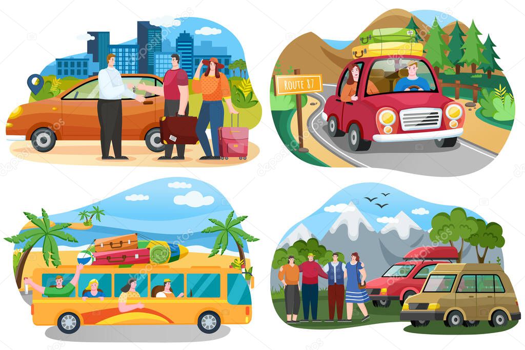 Set of illustrations on theme of traveling around world by car. Friends come by truck to forest