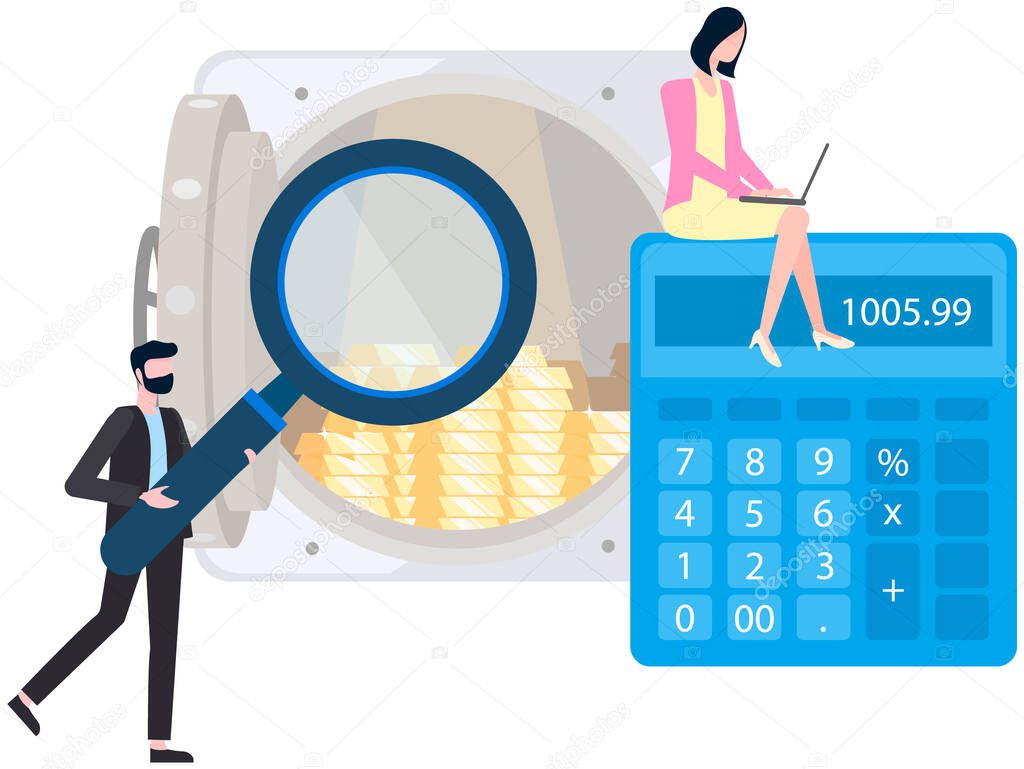 Man with magnifying glass looks at opened bank vault. Girl sitting on calculator works on laptop