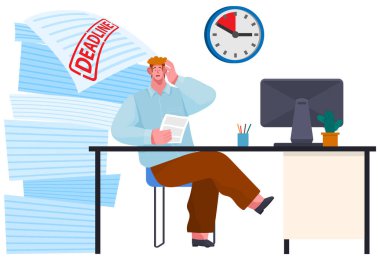 İşadamı aşırı evrak işleri yüzünden stresli. Erkek çalışan belgelerle çalışır.