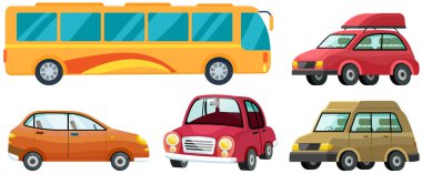 Modern otomobil ve sarı yolcu otobüsü seti. Minivan veya çok amaçlı araç beyazda izole edildi