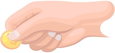 Parmaklarının arasında altın sent olan kişi. Küçük paralı insan eli. Adamın elinde bir dolar var.