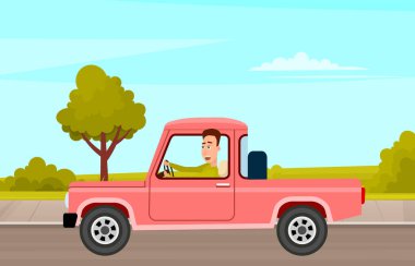 Şehir caddesi boyunca çizgi film tarzında modern araba parkı. Şehir caddesinde araç var.