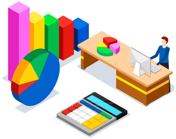 Man studies statistics shown on bar chart. Analyze diagrams concept. Guy working with data — Stock Vector