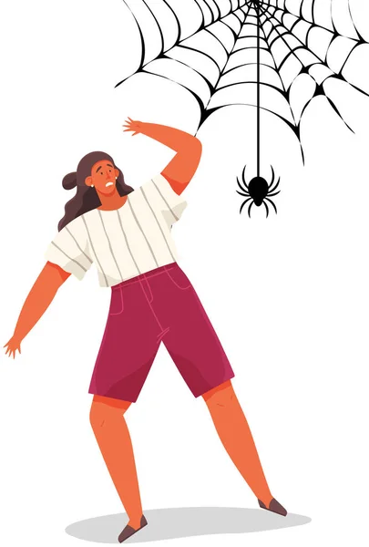 Ženská postava s tváří v hrůze se dívá na černého pavouka. Vyděšená dáma poblíž obrovské sítě — Stockový vektor