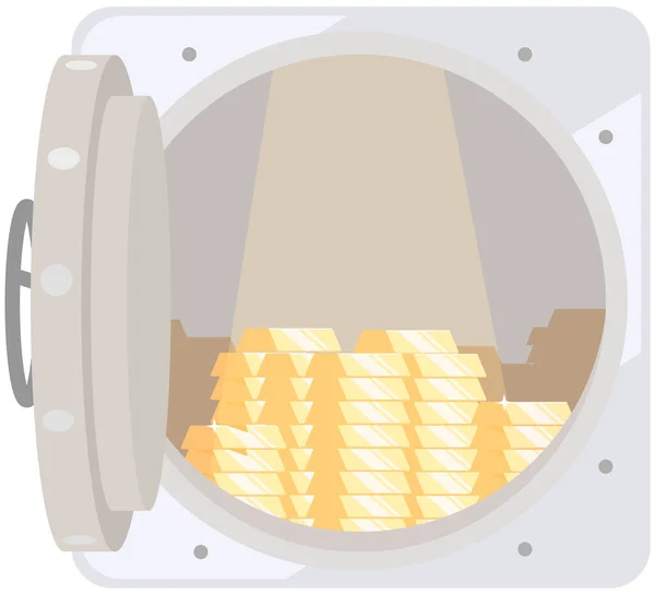 Voûte de banque métallique argentée ouverte avec lingots d'or. Métal précieux comme symbole de richesse et de succès — Image vectorielle