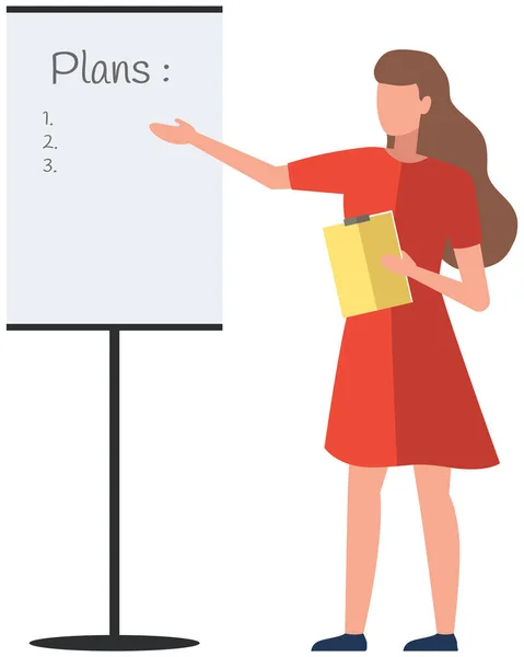 Faceless businesswoman with clipboard is talking about plan on poster. Month planning or to do list — Stock Vector