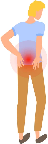 남자가 허리 통증으로 고생하고 있어요. 등의 관절에 고통 스러운 감각 이 있다. 자신의 아픈 허리를 잡고 있는 사람 — 스톡 벡터