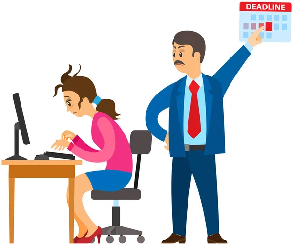 Γυναίκα εργάζεται στον υπολογιστή για να τελειώσει την εργασία πριν από την προθεσμία. Το θυμωμένο αφεντικό προτρέπει τον υπάλληλο — Διανυσματικό Αρχείο