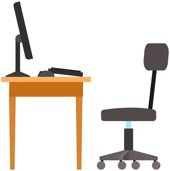 Design plat de lieu de travail moderne. Chaise de bureau et bureau avec pile de livres à l'intérieur de la chambre confortable — Image vectorielle