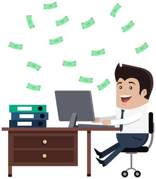 Un exitoso hombre de negocios se sienta con un ordenador rodeado de billetes de dinero. Ingresos y altos ingresos — Vector de stock