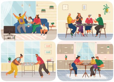 Ev setinde masa oyunu oynayan bir aile. Ebeveynler ve çocuklar birlikte oturma odasında vakit geçirirler.