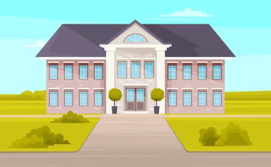 Mavi pencereli ve çatılı iki katlı bina. Arka planda doğal tuğla fabrikası var.