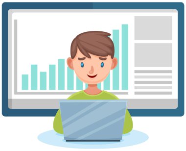 Okullu çocuk dizüstü bilgisayarla oturup internet sunuyor, istatistikleri analiz ediyor, klavyede yazıyor.