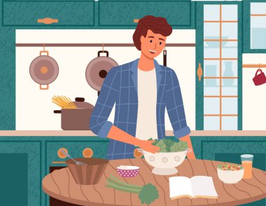 Adam salata için taze sebzeleri karıştırıyor. Yemek kitabındaki tarifi kullanarak vejetaryen yemeği hazırlayan adam.