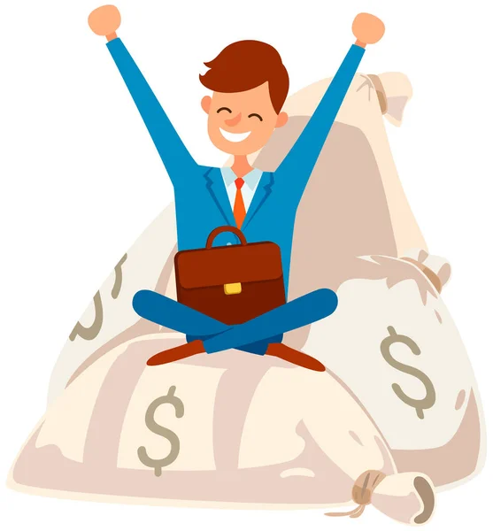 Πλούσιος επιτυχημένος επιχειρηματίας κάθεται σε ένα σωρό τσάντες με χρήματα και χαρτοφύλακα. Έννοια επιχειρηματικής επιτυχίας — Διανυσματικό Αρχείο