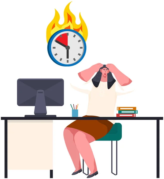 Жінка дивиться на палаючий годинник. Бізнес-леді підкреслила через надмірну роботу з комп'ютером — стоковий вектор