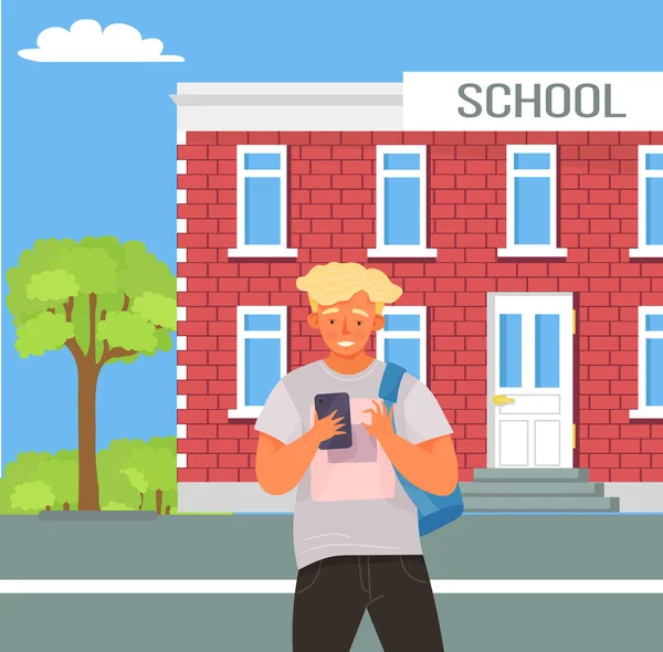Školák se smartphonem si povídá u školy. Mužský znak pomocí mobilního zařízení pro studium — Stockový vektor