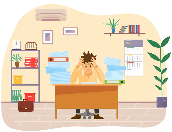 Stresszes üzletember az irodában, aki időben be akarja fejezni a munkát. Irodai alkalmazott dokumentumokkal dolgozik — Stock Vector