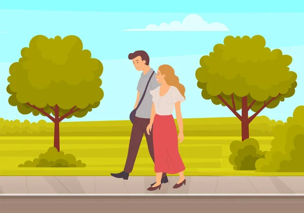 Couple in relationship walking in garden. Young guy and girl holding hands walking together — 图库矢量图片