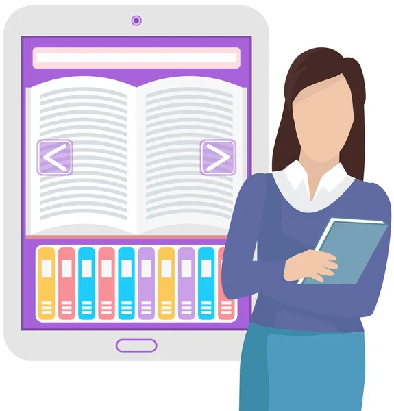 Digitalt elektroniskt bibliotek, online bokhandel koncept med lärobok. E-bok med modern teknik — Stock vektor