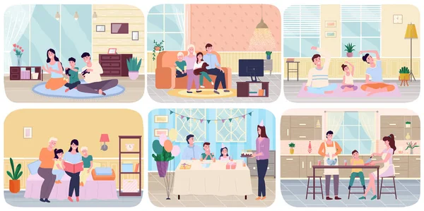 Família com crianças conceito cenas planas definir adultos e crianças passar o tempo juntos em casa —  Vetores de Stock
