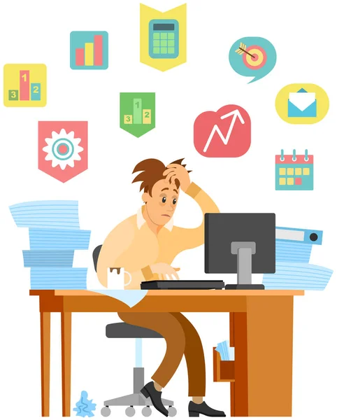 Tired businessman stressed due to excessive paperwork with business data and calculations — Stock Vector