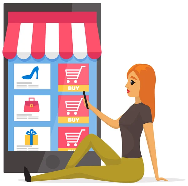 Personaggio femminile con smartphone utilizza l'applicazione di shopping online. Donna compra beni in internet — Vettoriale Stock