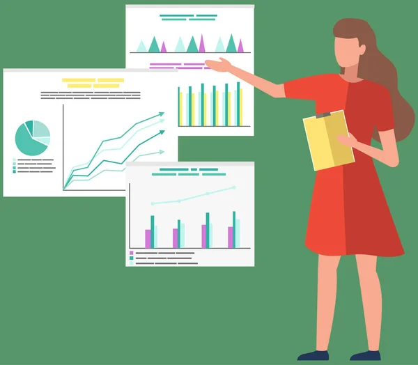 Chica con portapapeles mira los diagramas. La trabajadora presenta cálculos estadísticos sobre carteles — Vector de stock