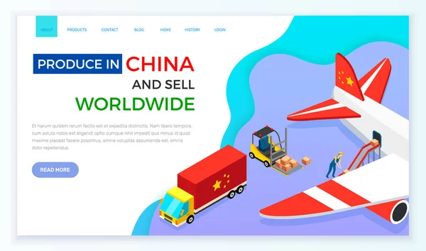 Weboldal témája az online értékesítés és vásárlás Kínában. Szállításra szánt csomagokkal ellátott repülőgép rakodása — Stock Vector