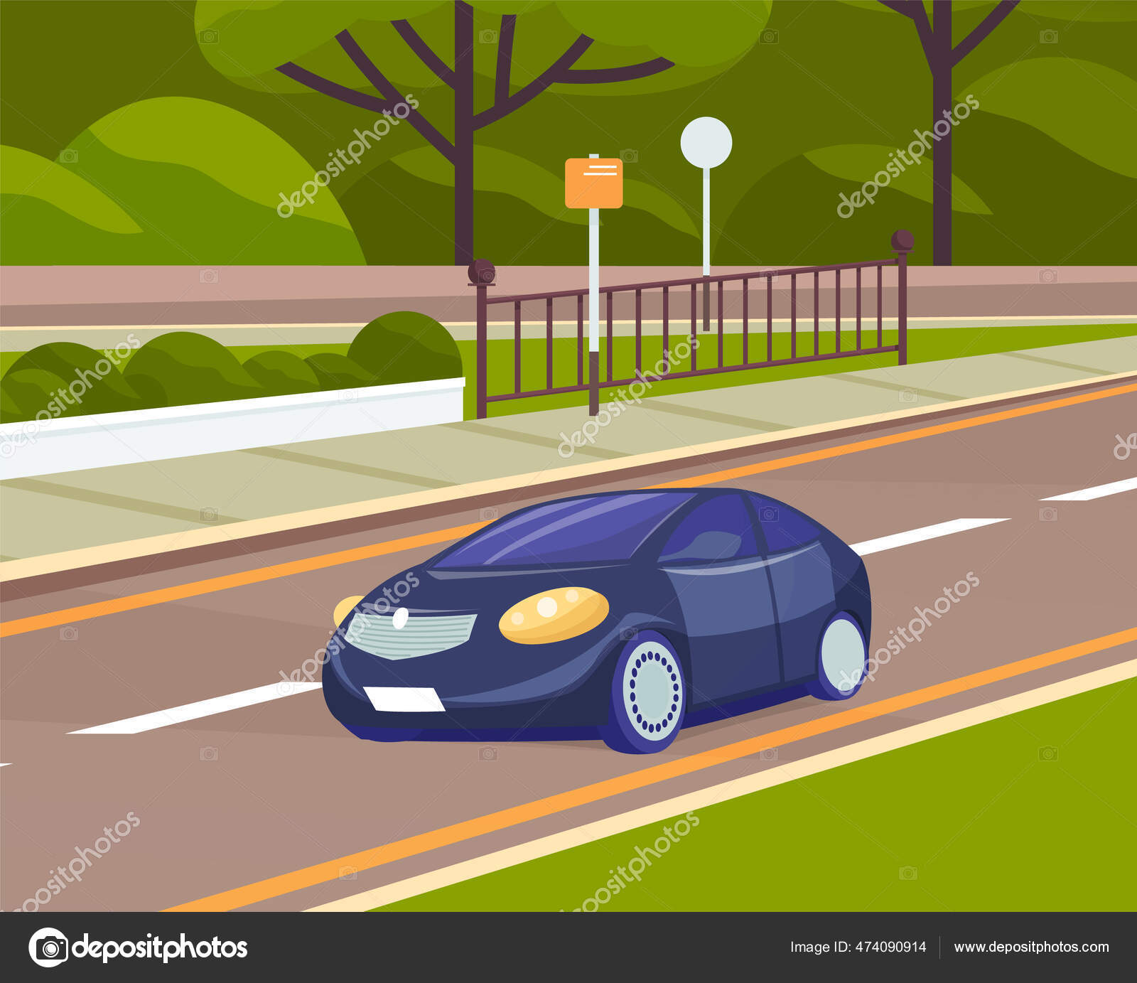 Automóvil en la carretera contra el fondo del parque moderno. Carretera,  paisaje urbano y paisaje natural Vector de stock #474090914 de ©robuart, image size:1600x1383