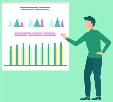 İş adamı sunum ekranında satış istatistiklerini analiz ediyor. İstatistiksel şemalar inceleniyor