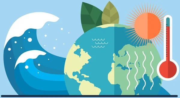 Sobrecalentamiento de la superficie de la Tierra y concepto de calentamiento global. Cambio climático y del nivel del agua en el planeta — Archivo Imágenes Vectoriales