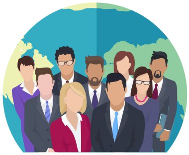 Dünya 'nın yakınında duran iş adamları. Gezegenin arka planında takım elbiseli ofis çalışanları