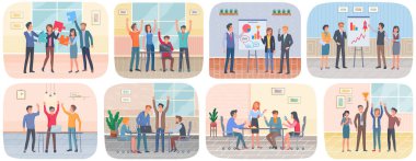 Başarılı proje uygulaması, mutlu iş arkadaşları sahneleri. Takım çalışması, ofiste sohbet.